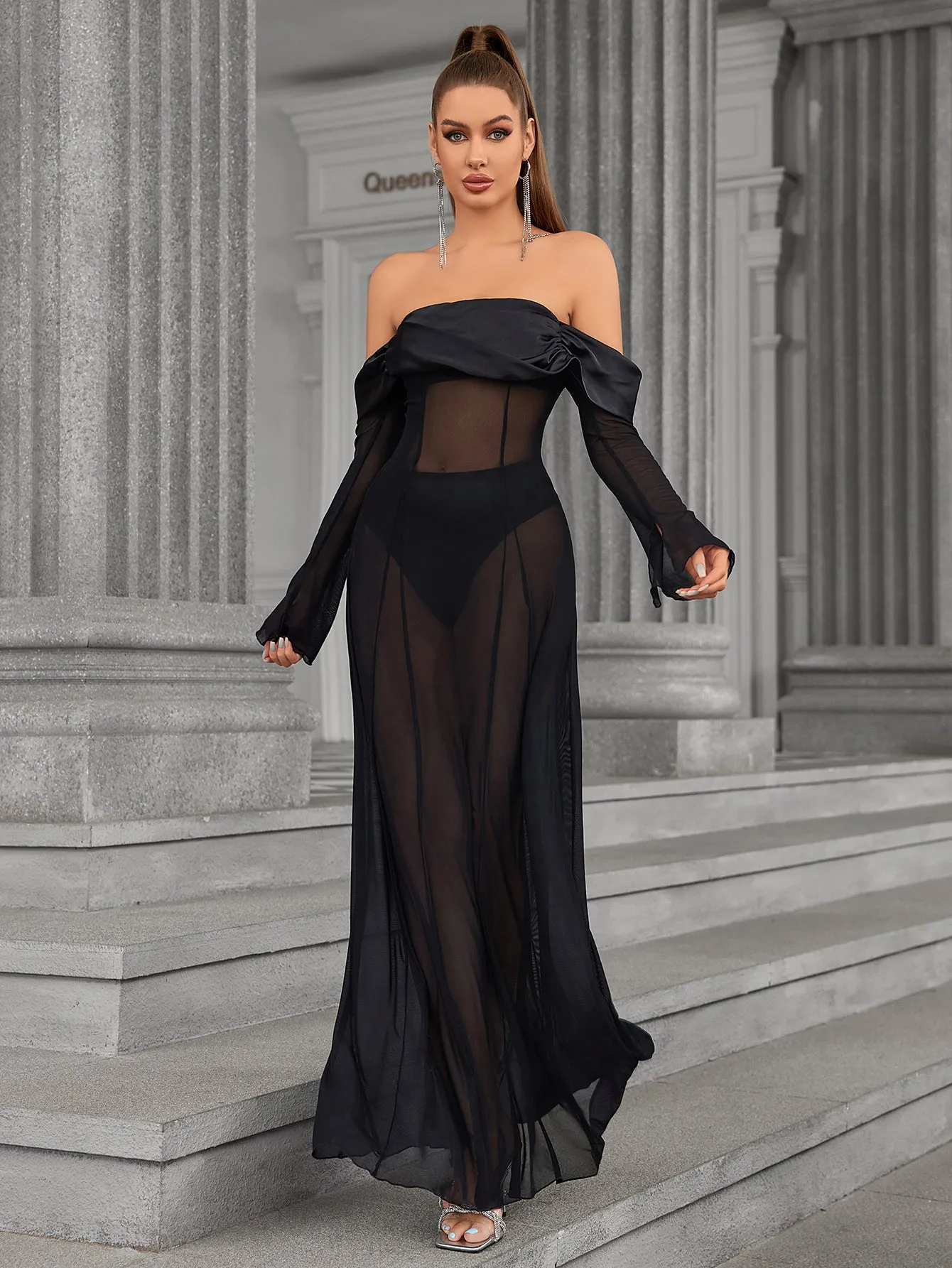 Long Sleeve Off Shoulder Satin Patchwork Mesh Dress