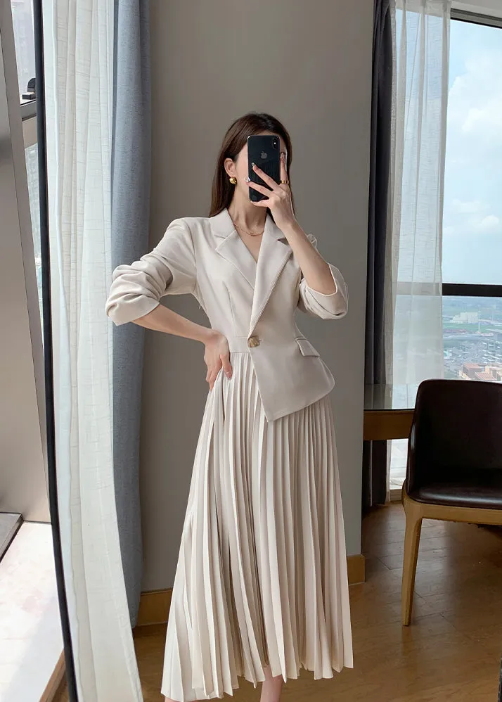 Long Sleeve One Button Blazer Pleated Dress