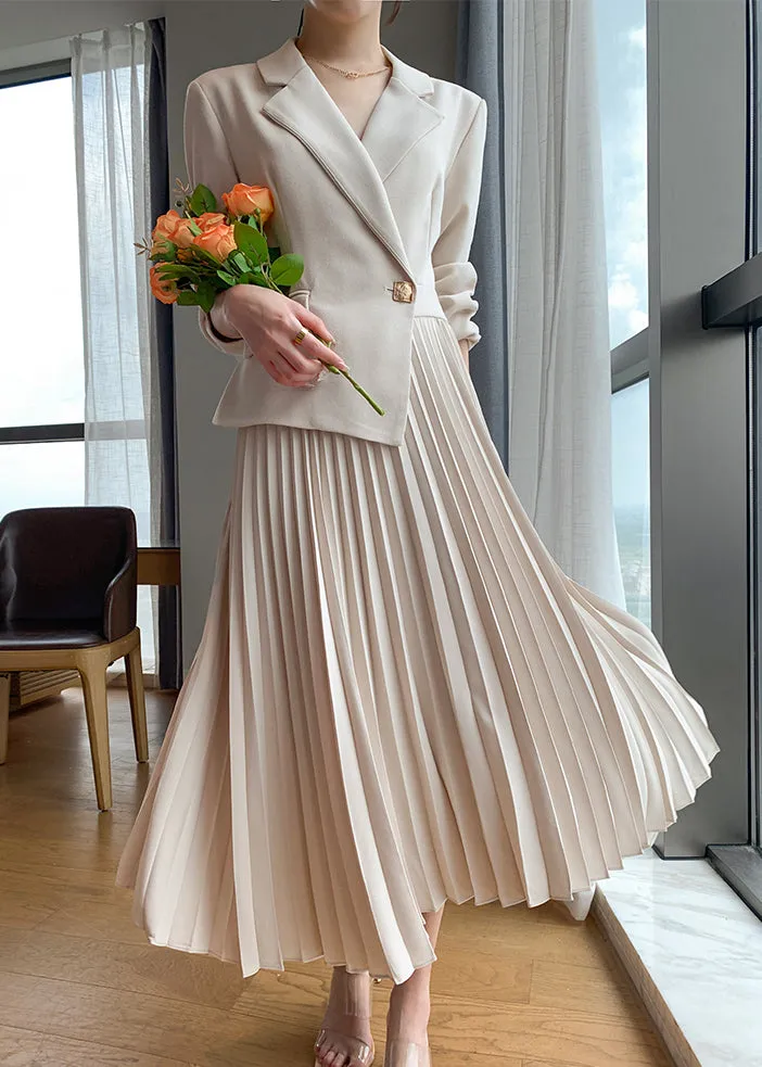 Long Sleeve One Button Blazer Pleated Dress