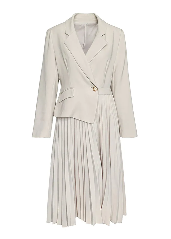 Long Sleeve One Button Blazer Pleated Dress