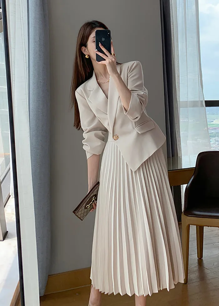 Long Sleeve One Button Blazer Pleated Dress