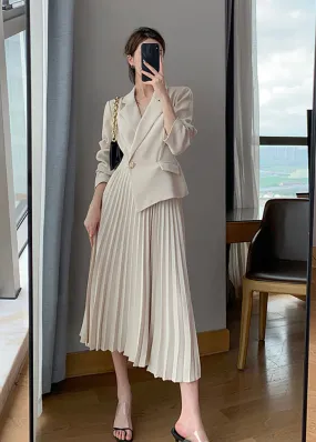 Long Sleeve One Button Blazer Pleated Dress