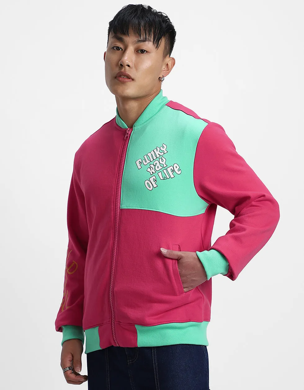 Magenta Back Typographic Printed Varsity Jacket