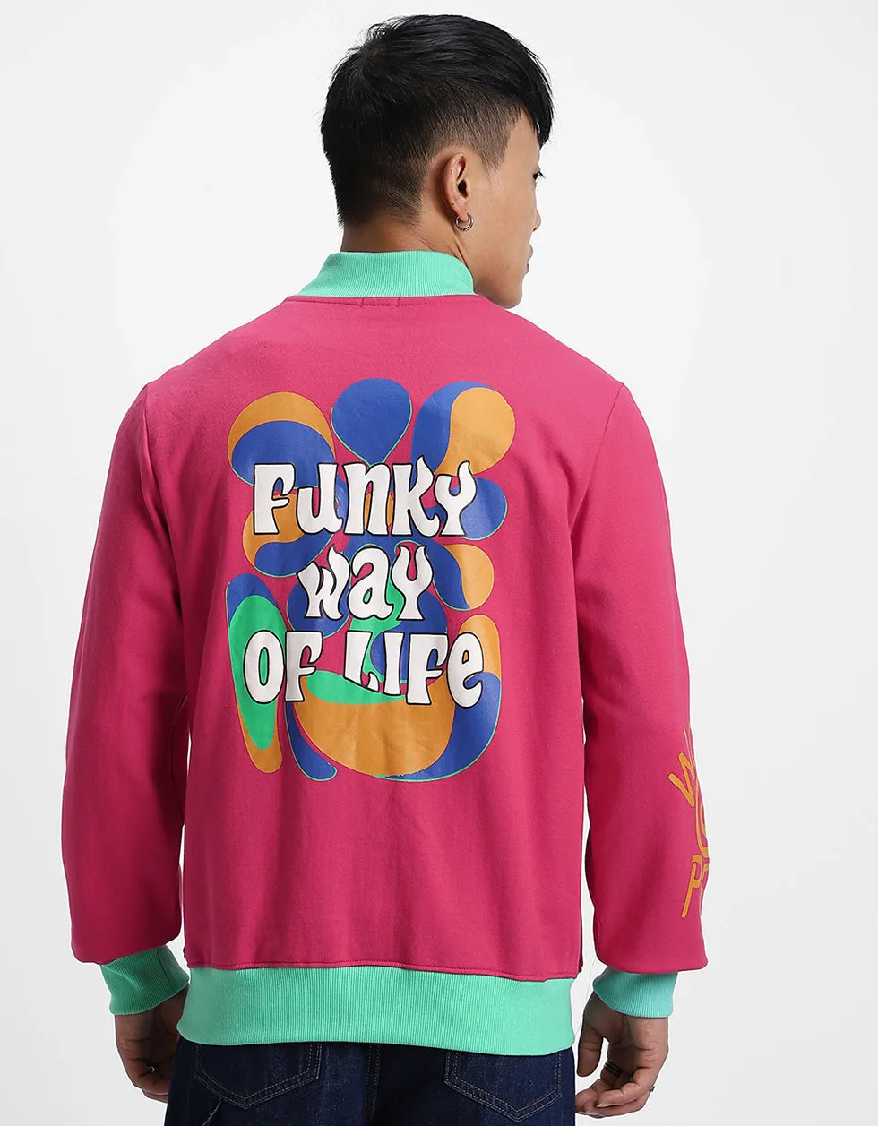 Magenta Back Typographic Printed Varsity Jacket