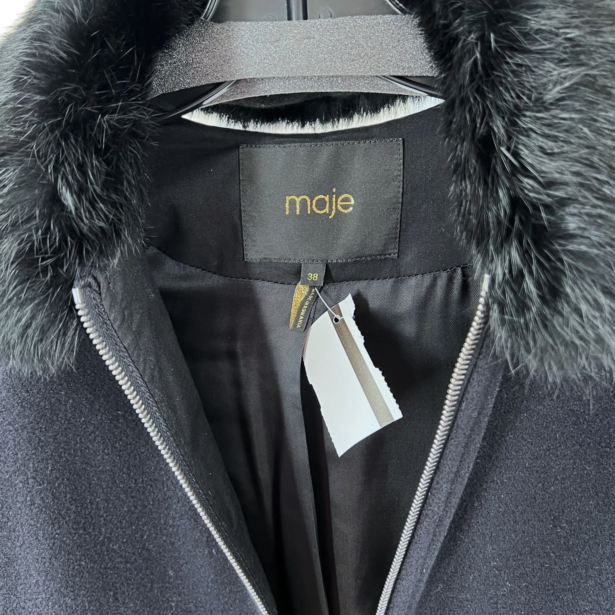 Maje Navy Blue Gamina Fur Collar Wool Military Striped Zip Up Aprés Ski Coat