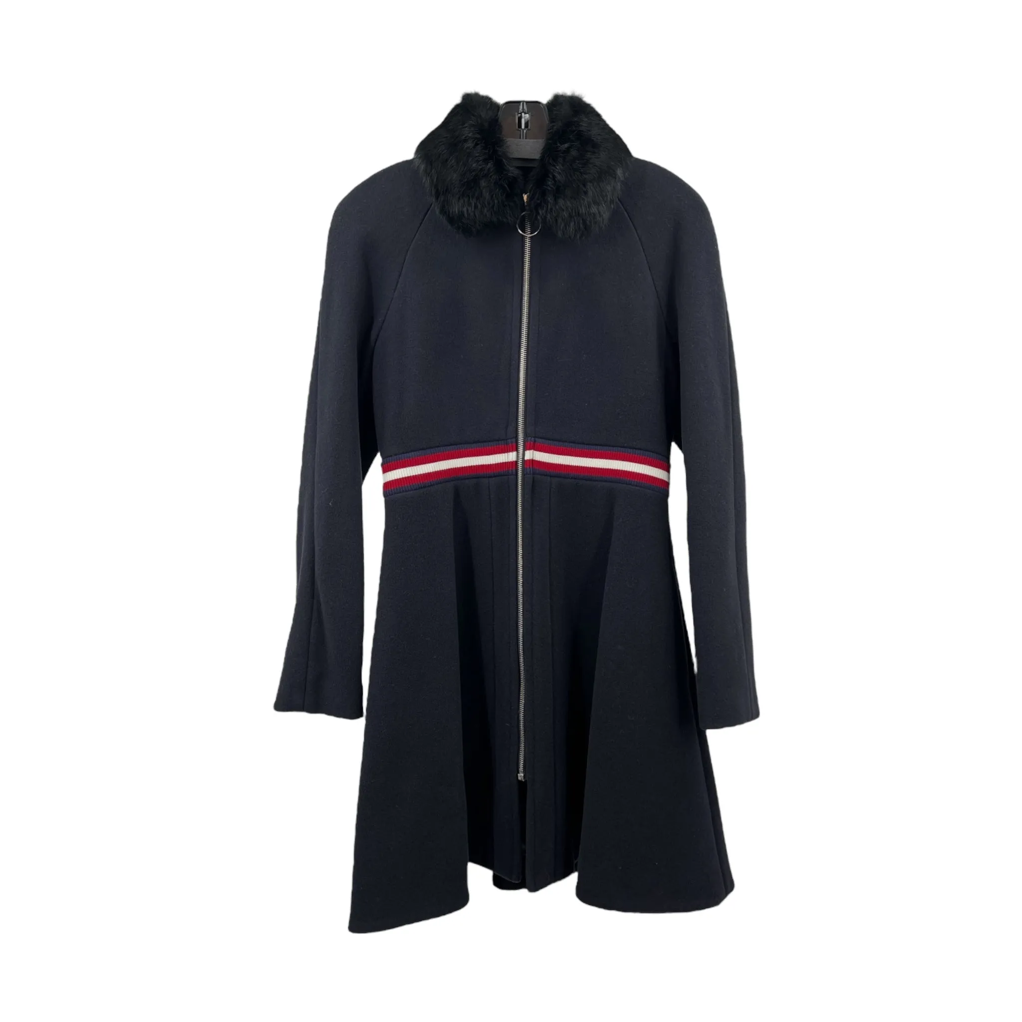 Maje Navy Blue Gamina Fur Collar Wool Military Striped Zip Up Aprés Ski Coat