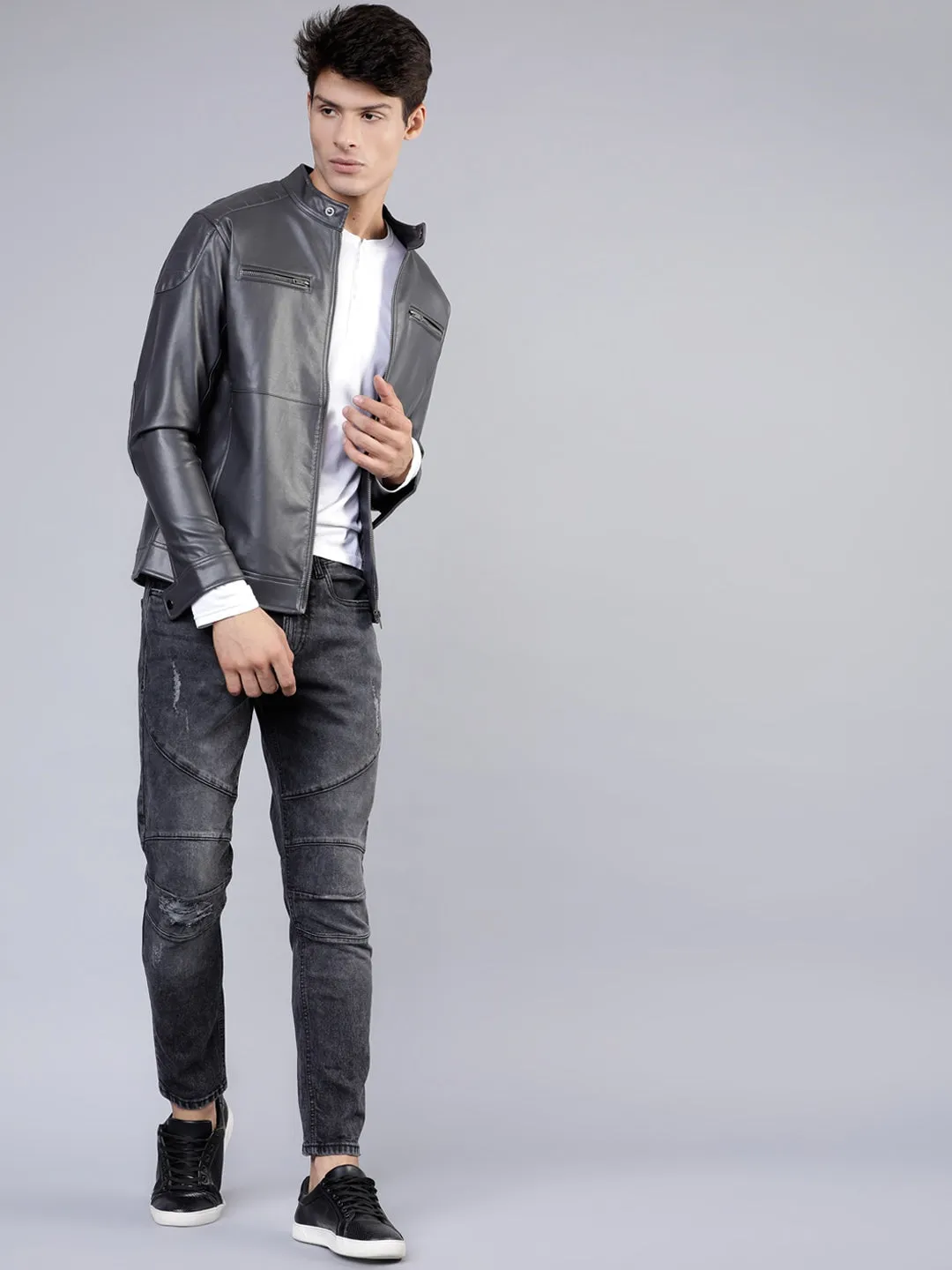 Men Charcoal Grey Solid Leather Biker Jacket | QAWACH