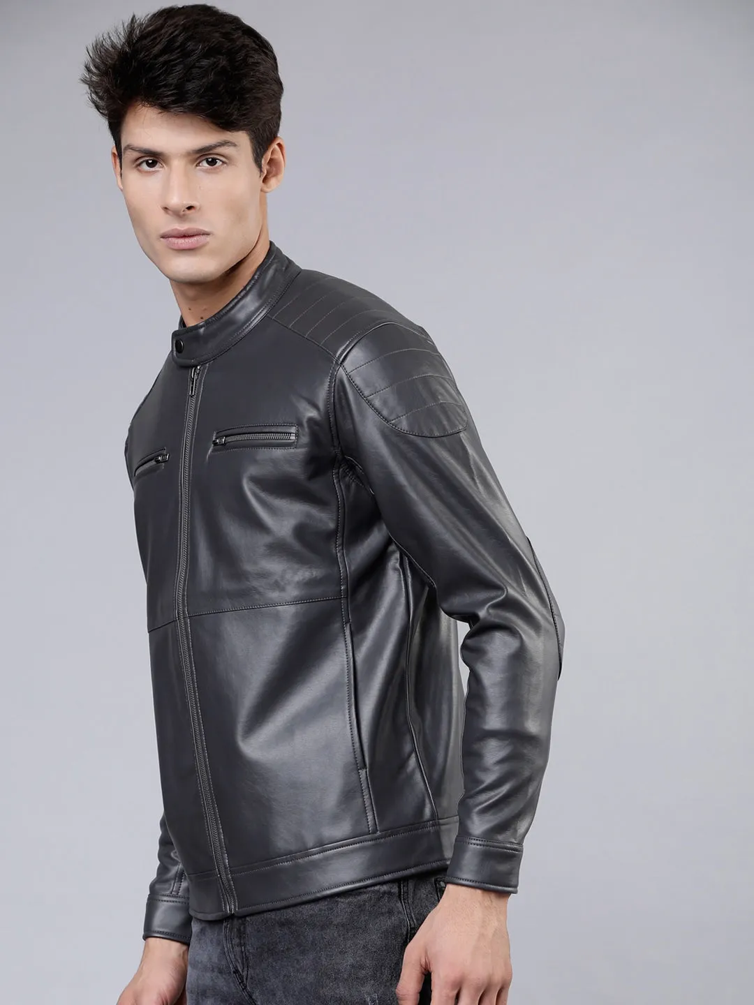 Men Charcoal Grey Solid Leather Biker Jacket | QAWACH