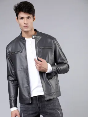 Men Charcoal Grey Solid Leather Biker Jacket | QAWACH