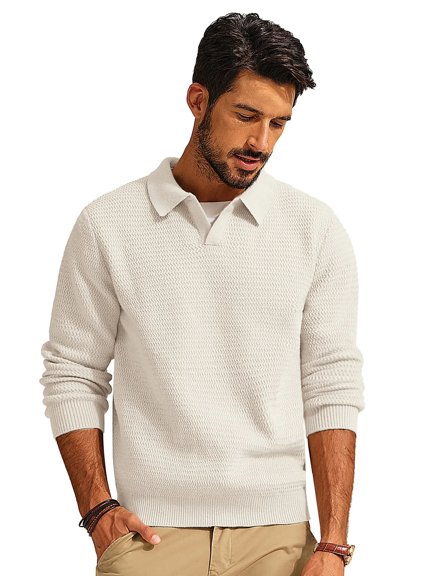 Men Fully Textured Sweater Long Sleeve Lapel Collar V-Neck Pullover Knitwear