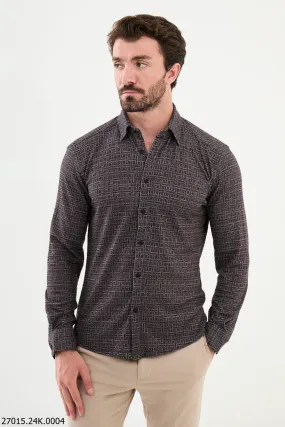 Men's Brown Patterned Long-Sleeve Shirt.