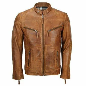 Men's Cafe Racer Biker Vintage Motorcycle Brown Distressed 100% Genuine Cowhide Leather Jacket