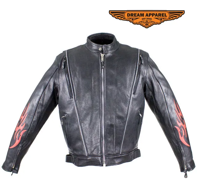 Mens Leather Motorcycle Racer Jacket With Flames