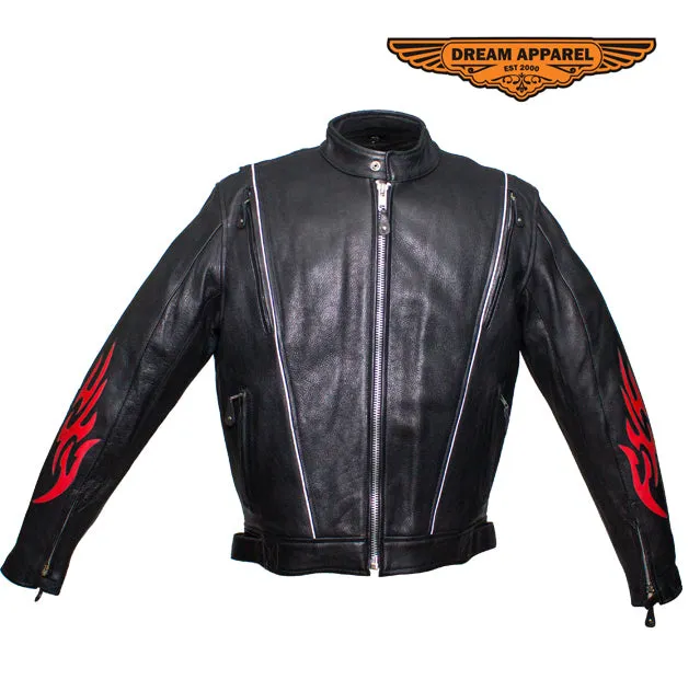 Mens Leather Motorcycle Racer Jacket With Flames