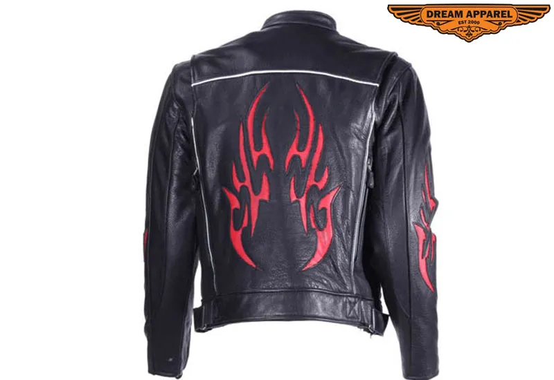 Mens Leather Racer Motorcycle Jacket With Flames