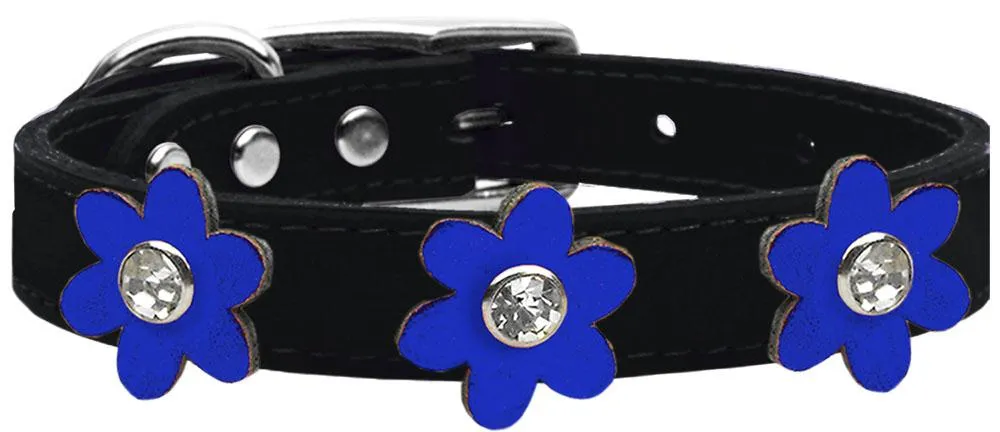 Metallic Flower Leather Collar Black With Metallic Blue Flowers Size 10