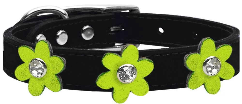 Metallic Flower Leather Collar Black With Metallic Lime Green Flowers Size 10