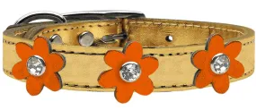 Metallic Flower Leather Collar Gold With Metallic Orange Flowers Size 24