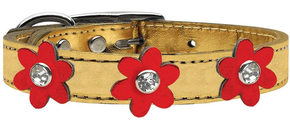 Metallic Flower Leather Collar Gold With Metallic Red Flowers Size 12