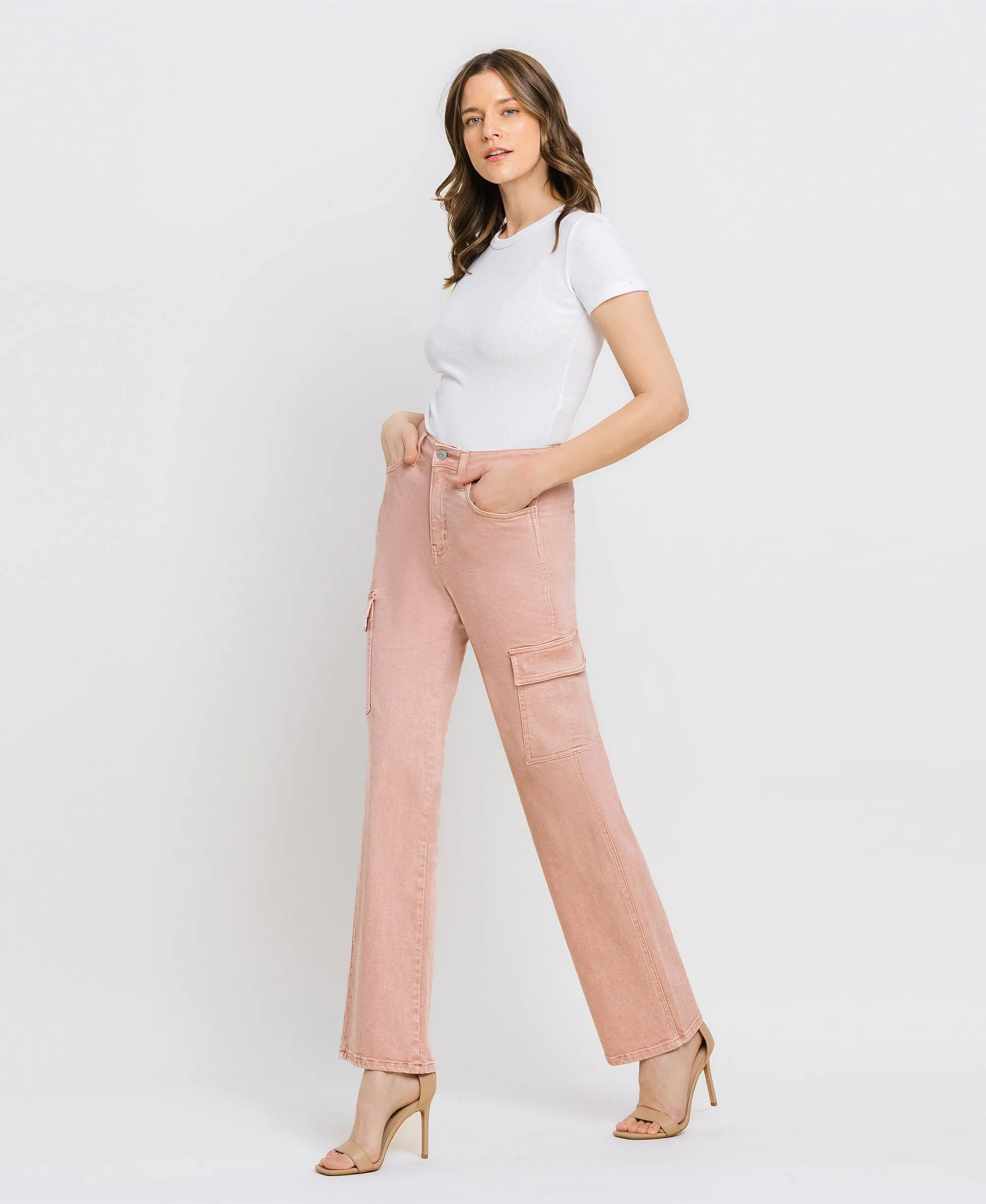 Misty Rose - 90's Super High Rise Cargo Slim Wide Jeans