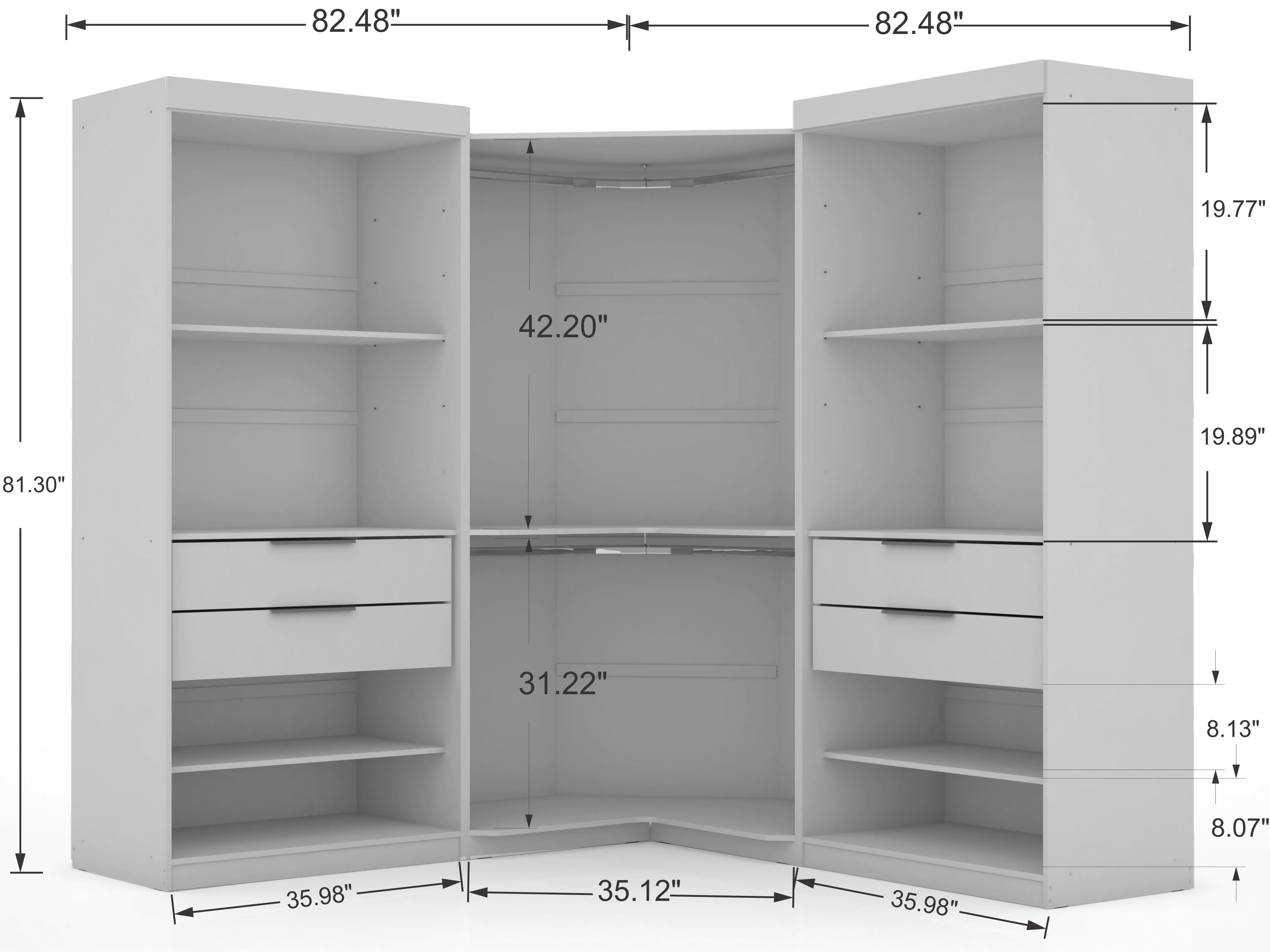 Mulberry 2.0 Semi Open 3 Sectional Modern Wardrobe Corner Closet with 4 Drawers - Set of 3 in White