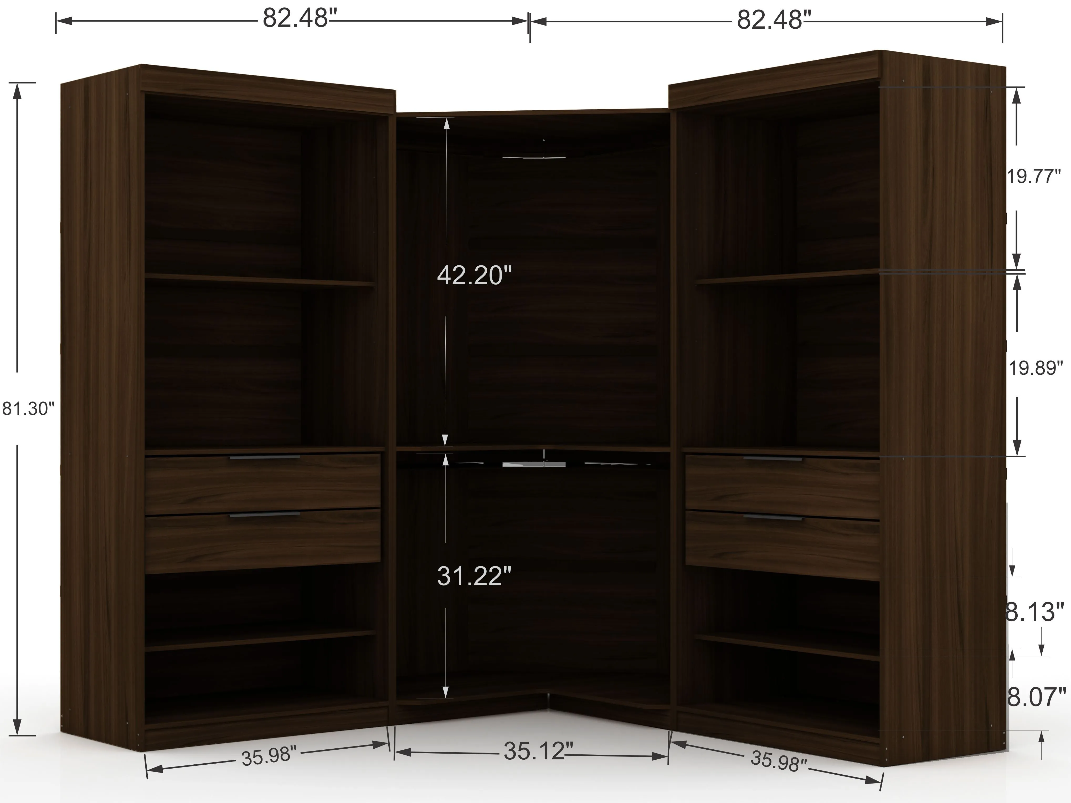 Mulberry 3.0 Sectional Modern Wardrobe Corner Closet with 4 Drawers - Set of 3 in Brown