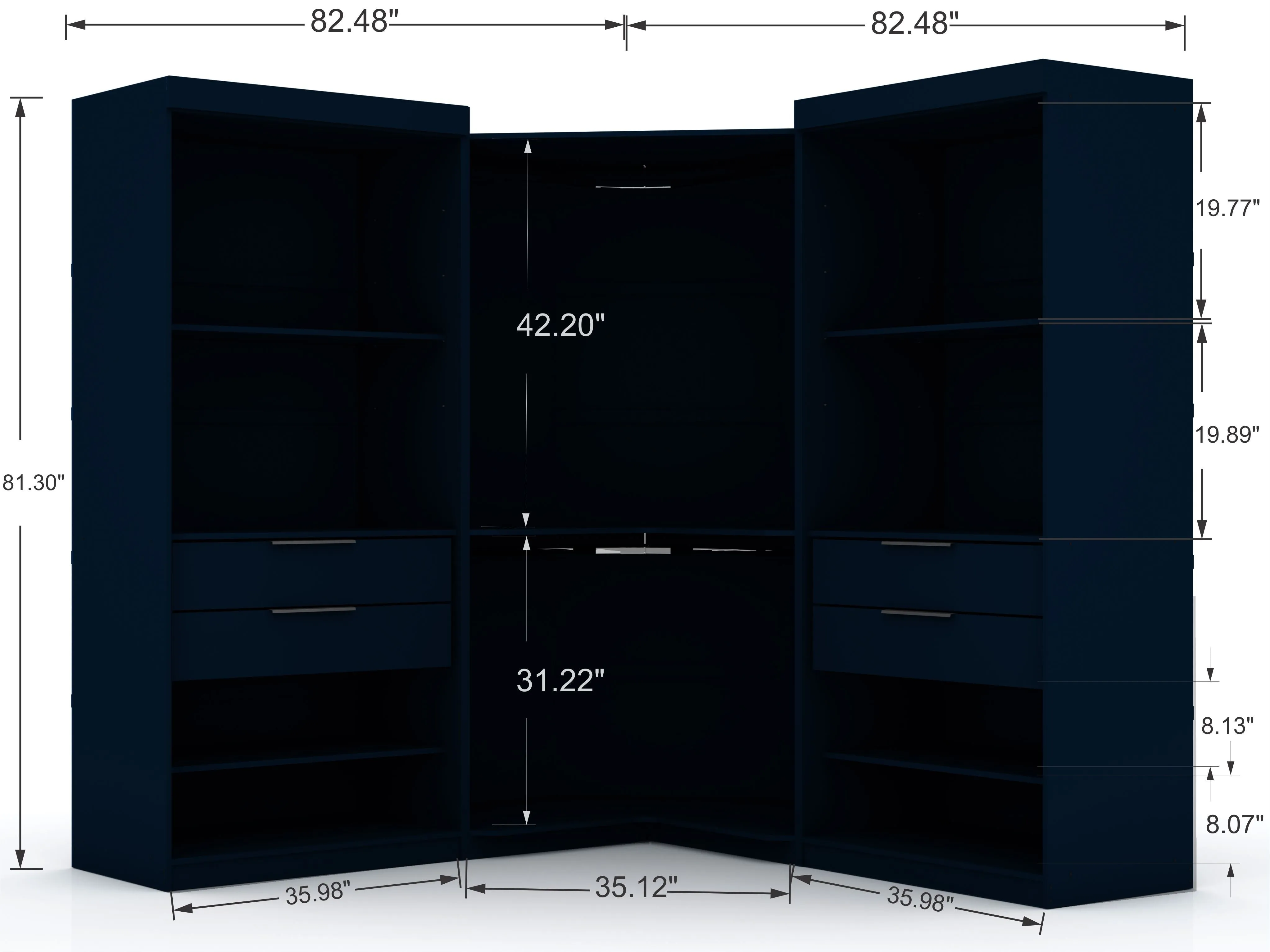 Mulberry Open 3 Sectional Modern Wardrobe Corner Closet with 4 Drawers - Set of 3 in Tatiana Midnight Blue