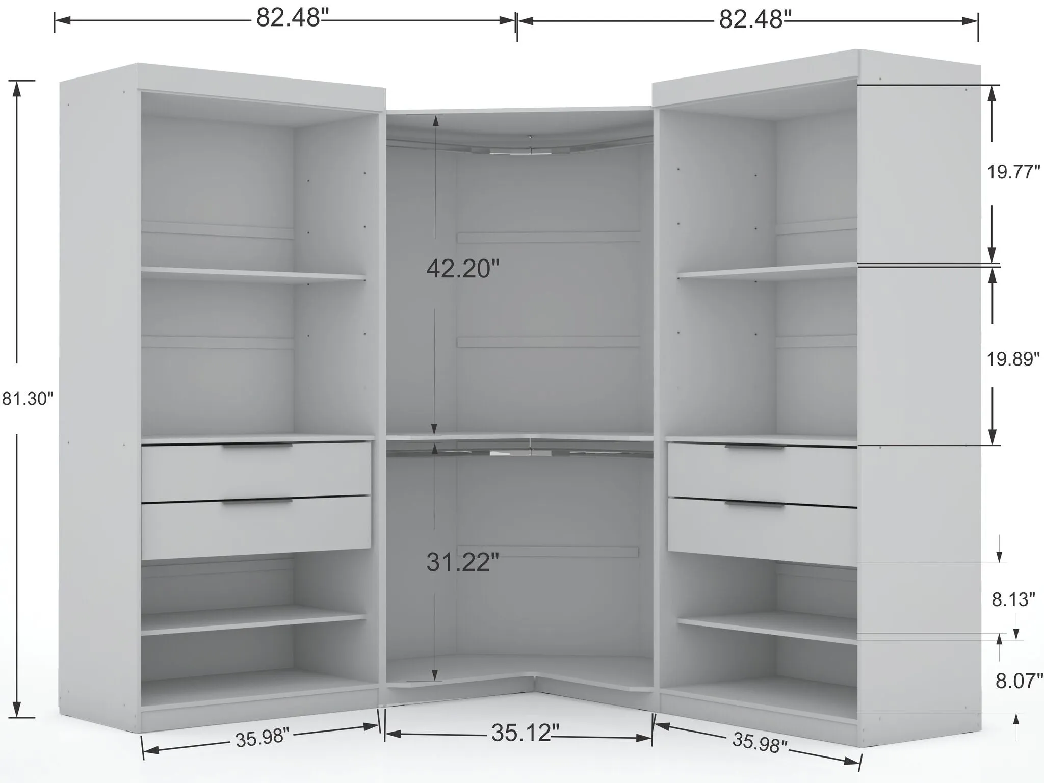 Mulberry Open 3 Sectional Modern Wardrobe Corner Closet with 4 Drawers - Set of 3 in White