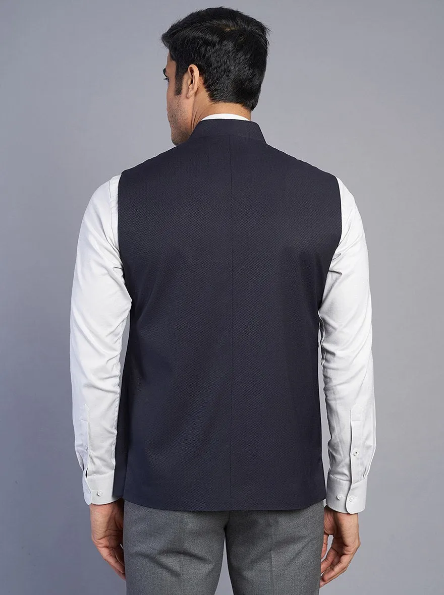 Navy Blue Textured Regular Fit Modi Jacket | JadeBlue