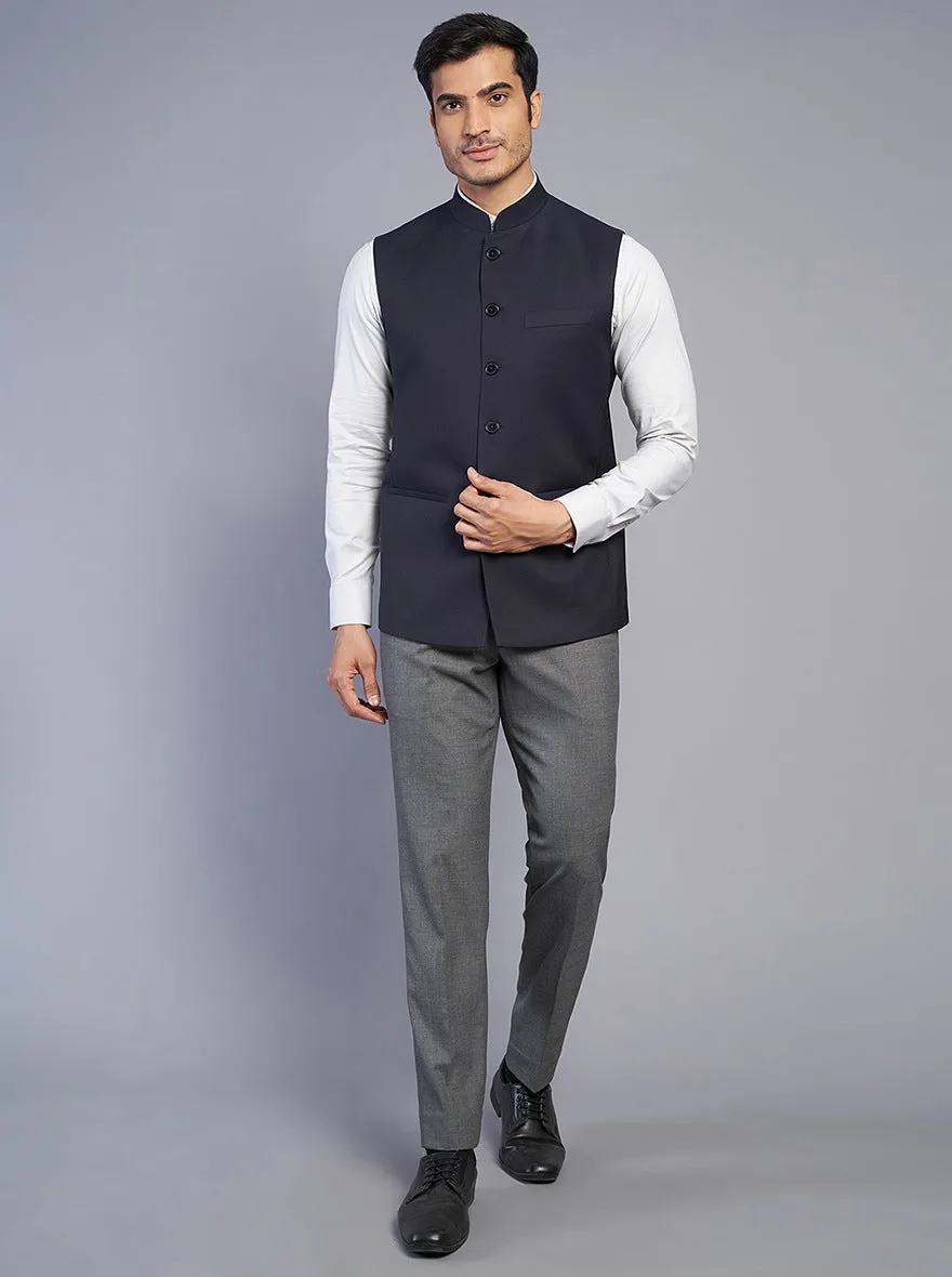 Navy Blue Textured Regular Fit Modi Jacket | JadeBlue