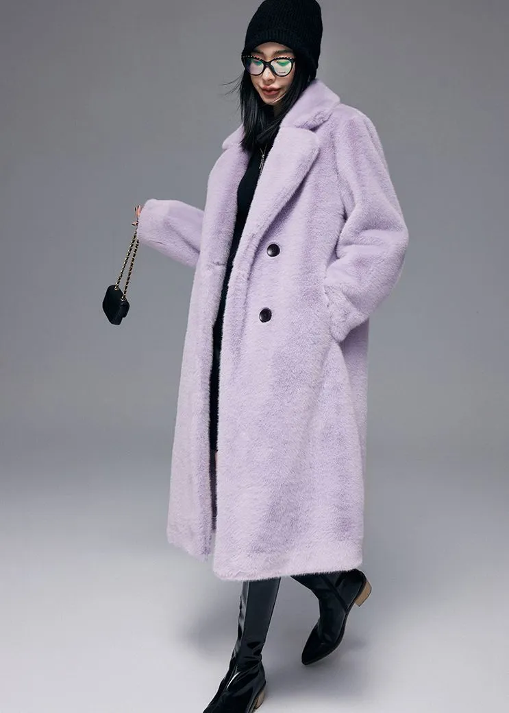 Notched Collar Faux Fur Midi Thick Coat