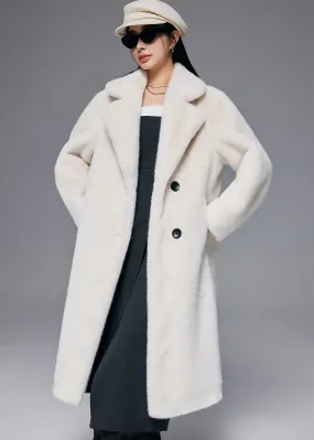 Notched Collar Faux Fur Midi Thick Coat