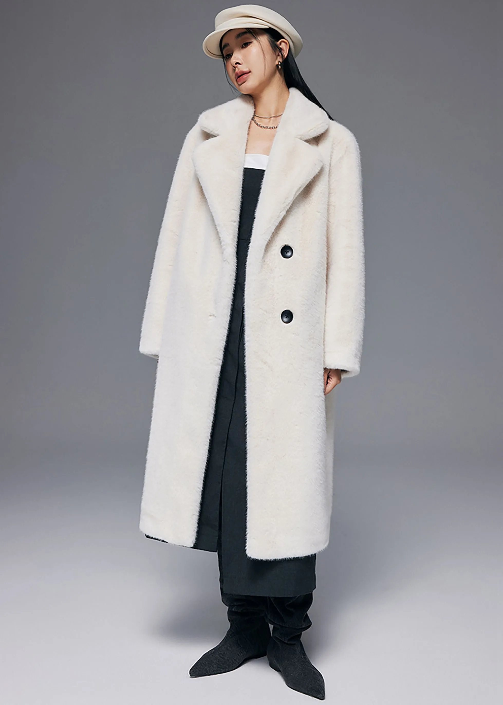 Notched Collar Faux Fur Midi Thick Coat