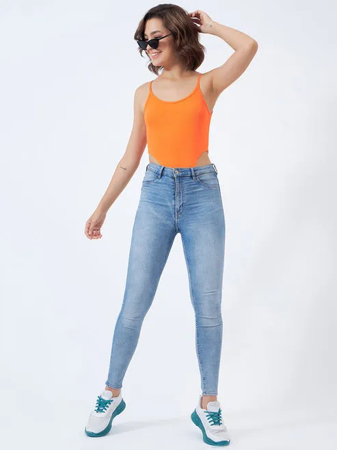 Orange Solid Ribbed High Cut Bodysuit