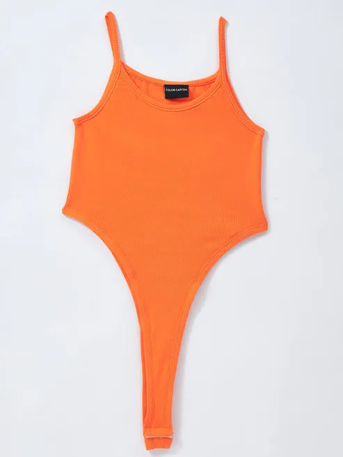 Orange Solid Ribbed High Cut Bodysuit