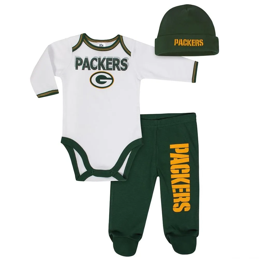 Packers Baby Boy Bodysuit, Footed Pant and Cap Set