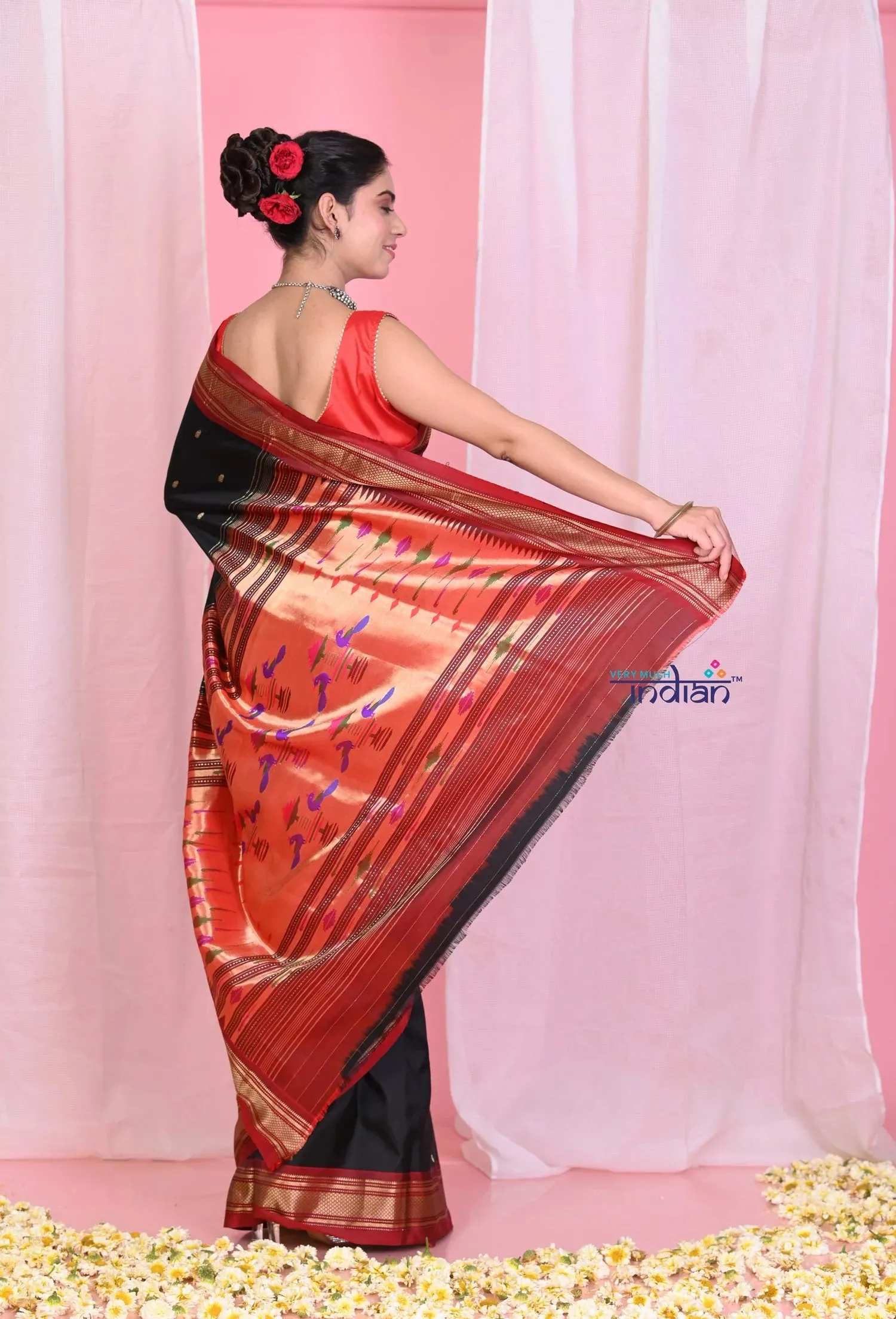 Pehal~Traditional Black Pure Silk Paithani with Red Border & Traditional Double Pallu