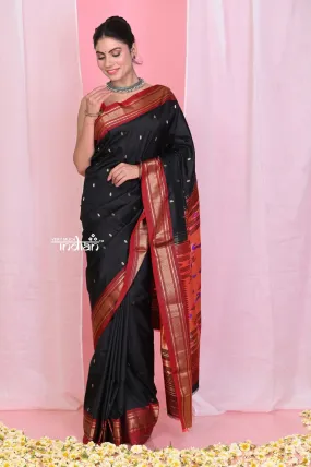 Pehal~Traditional Black Pure Silk Paithani with Red Border & Traditional Double Pallu