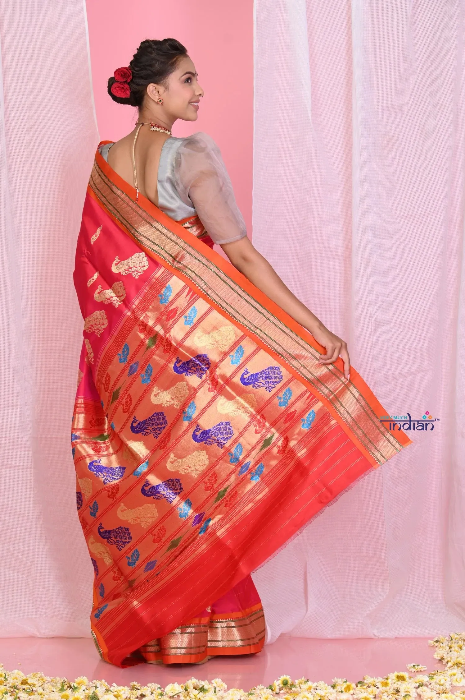 Pehal~Traditional Peach Pink Pure Silk Paithani with Orange Border & Traditional 30 Peacock Pallu