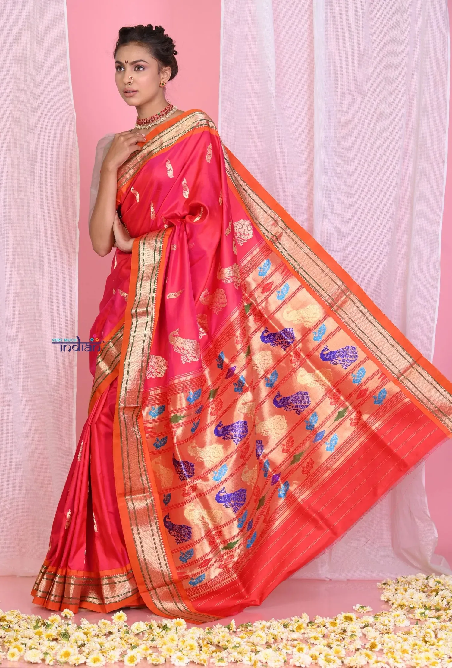 Pehal~Traditional Peach Pink Pure Silk Paithani with Orange Border & Traditional 30 Peacock Pallu