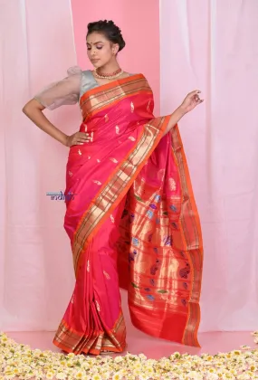 Pehal~Traditional Peach Pink Pure Silk Paithani with Orange Border & Traditional 30 Peacock Pallu