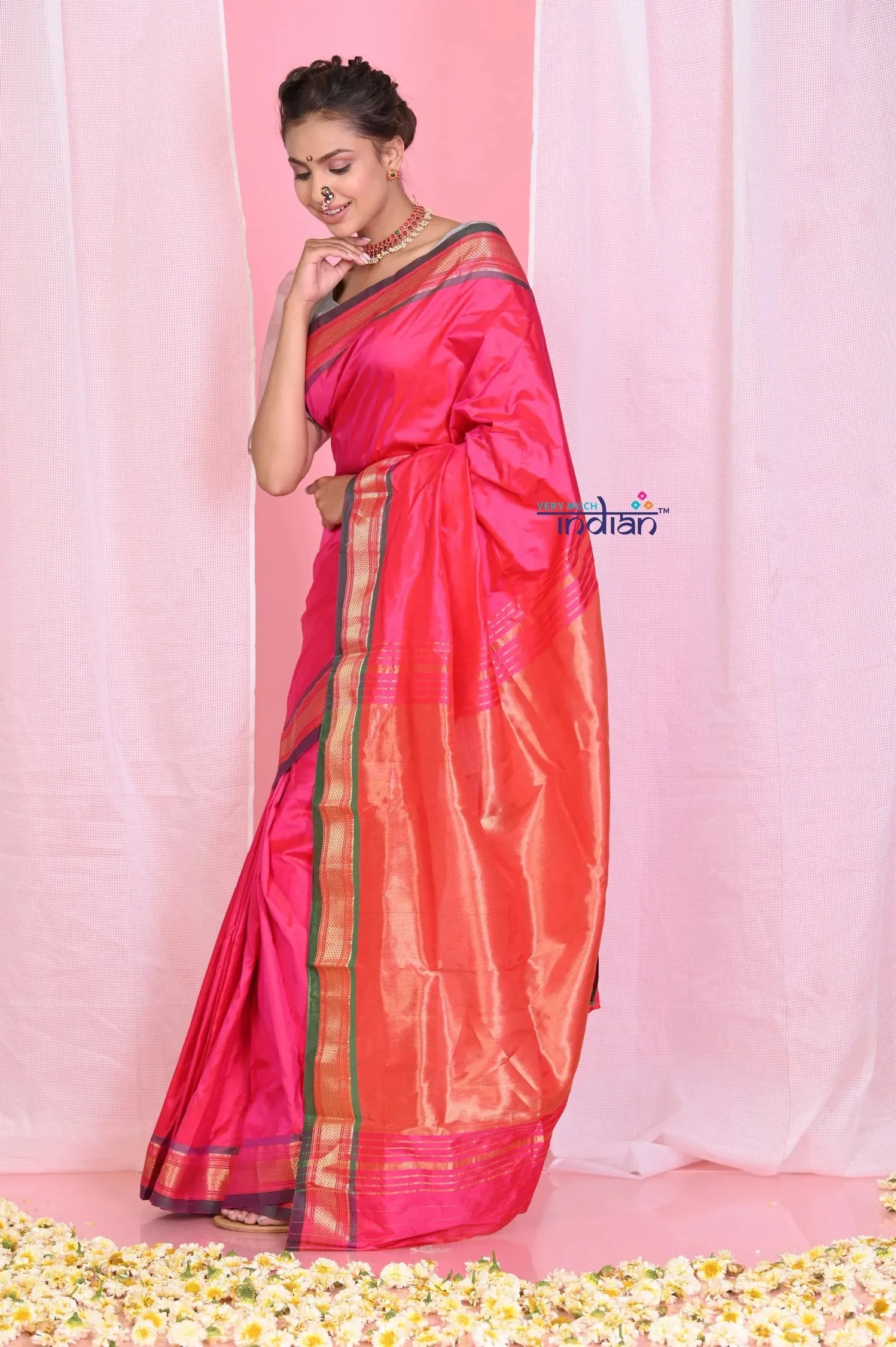 Pehal~Traditional Pink Pure Silk Paithani with Golden Border & Plain Zari Tawa Pallu