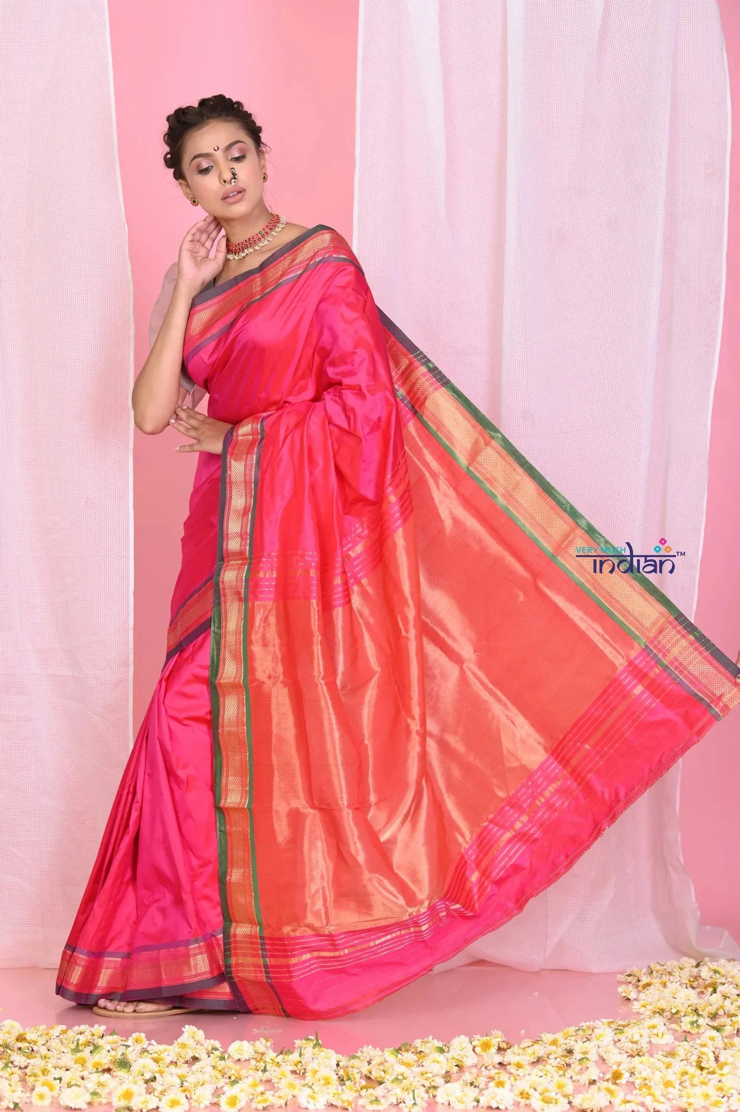 Pehal~Traditional Pink Pure Silk Paithani with Golden Border & Plain Zari Tawa Pallu