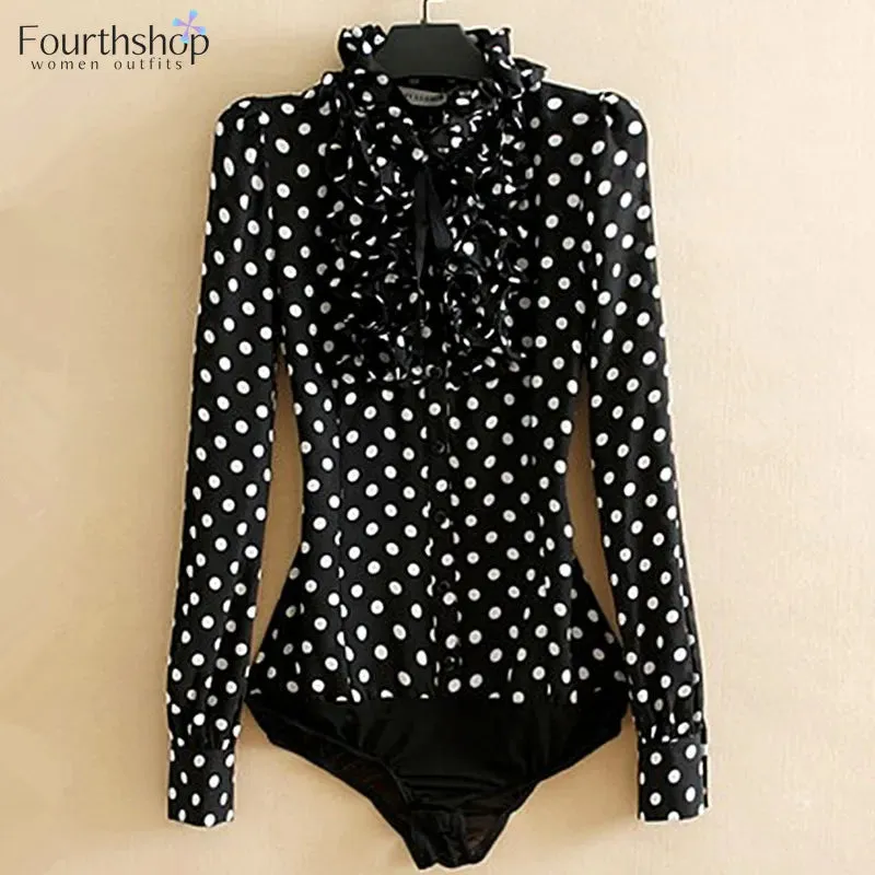 Polka Dot Print Women Black Blouses Shirt Long Sleeve Bodysuit