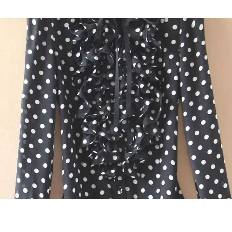 Polka Dot Print Women Black Blouses Shirt Long Sleeve Bodysuit