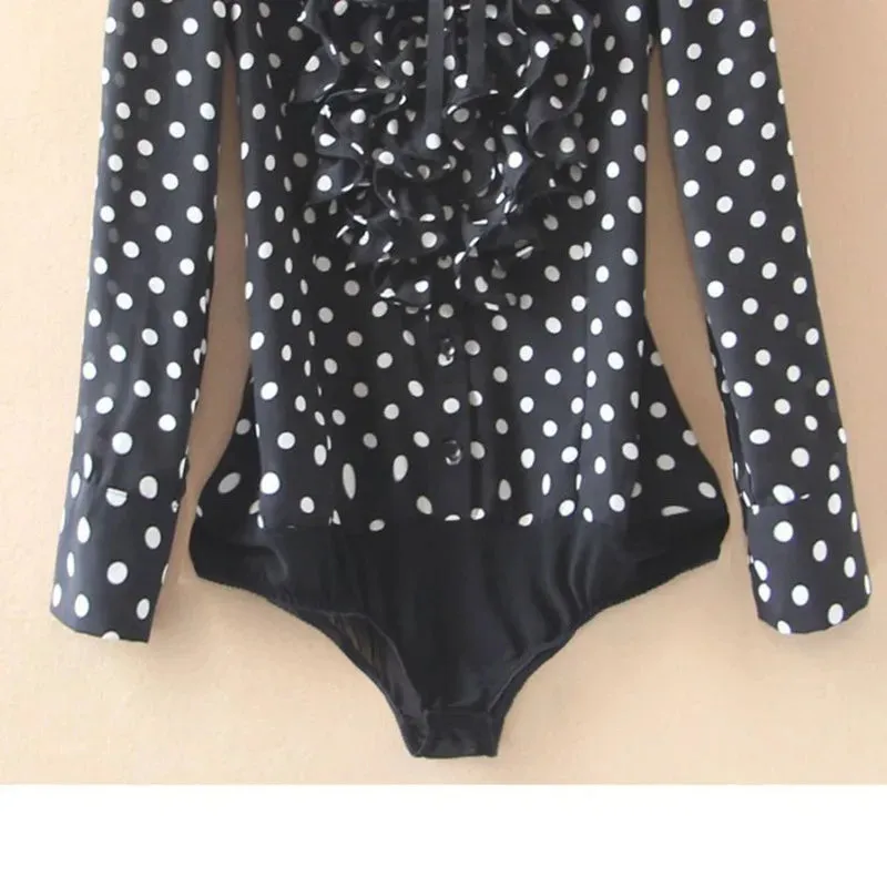 Polka Dot Print Women Black Blouses Shirt Long Sleeve Bodysuit