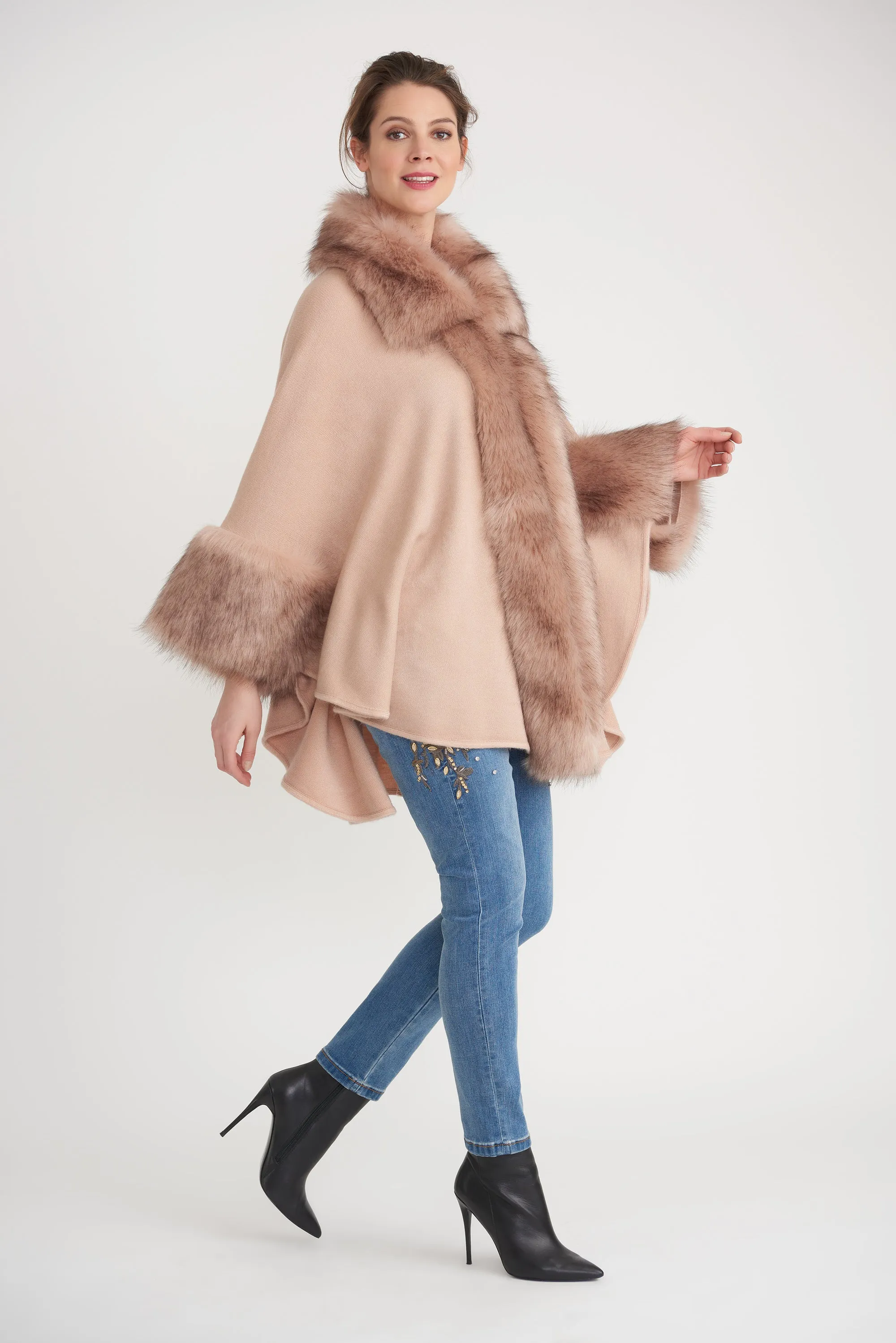 Poncho with Faux Fur Trim