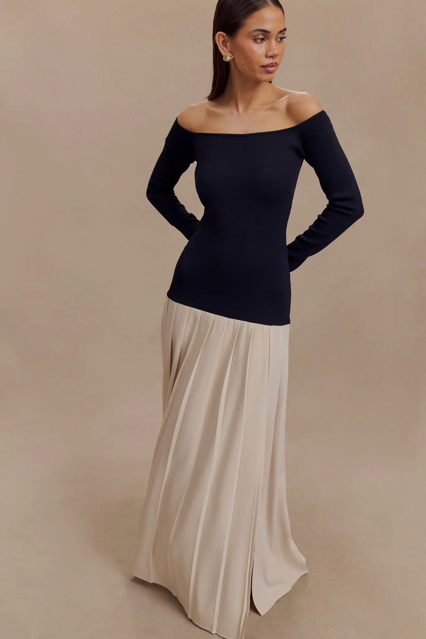 Presley Contrast Knit Off Shoulder Maxi Dress - Navy And Cream