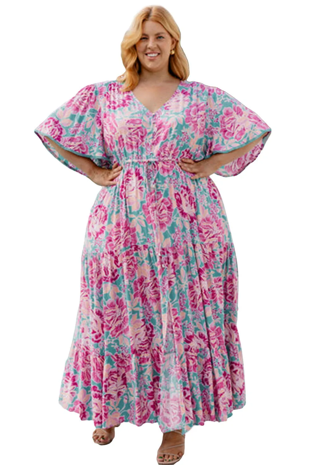 Purple Plus Floral V Neck Flared Short Sleeve Long Dress