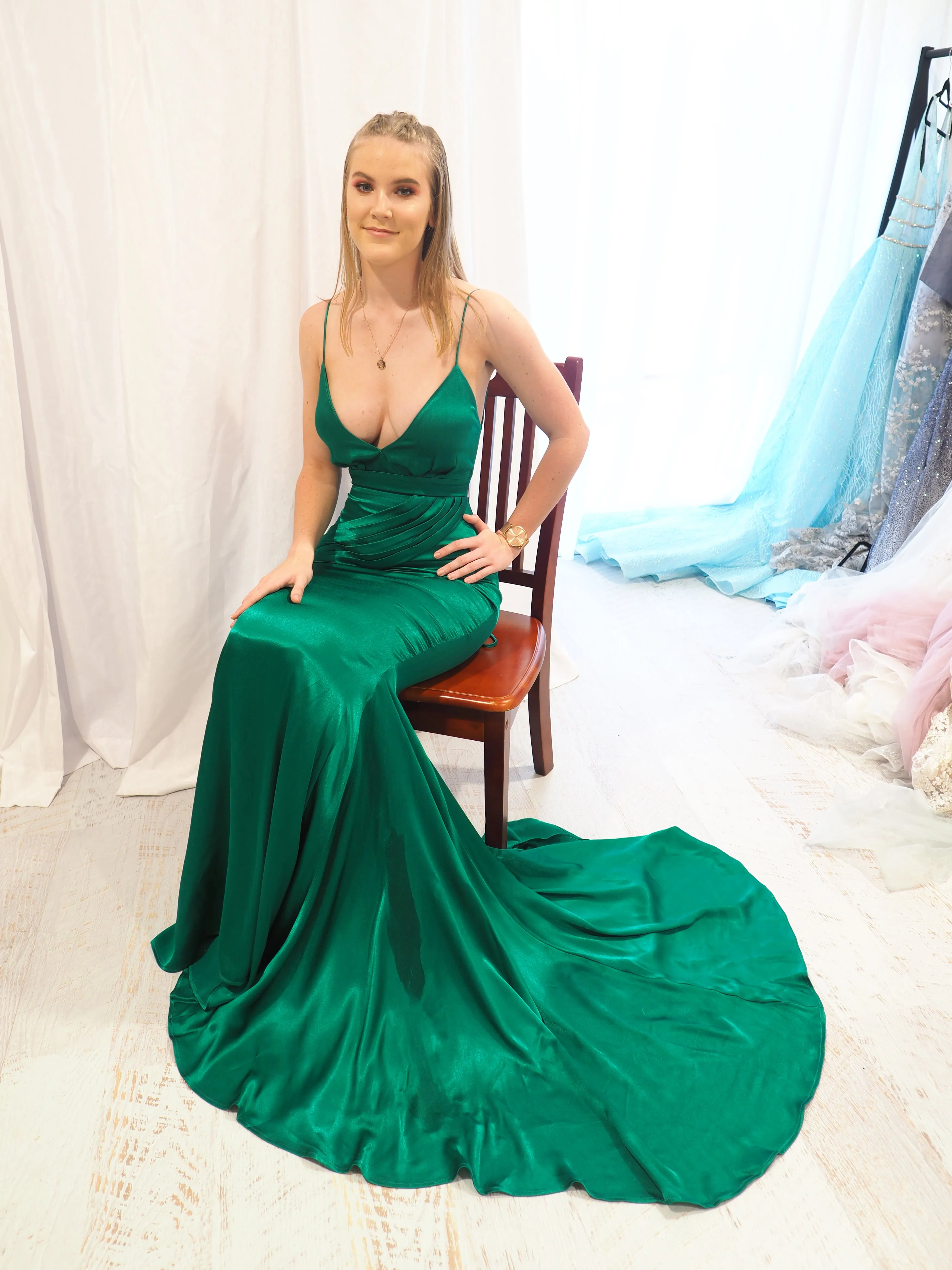 Rachel emerald green satin mermaid dress with cris-cross back